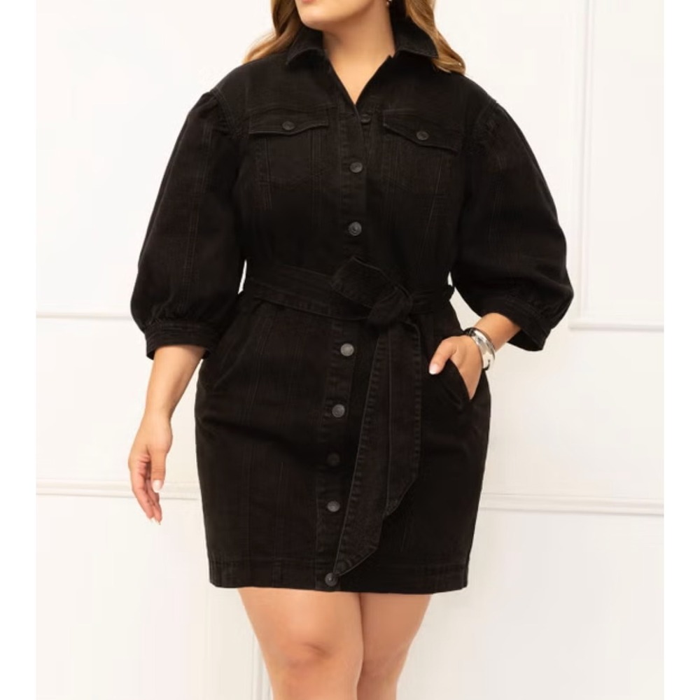 Eloquii Elements Black Denim Puff Sleeve Belted Mini Dress Size 20